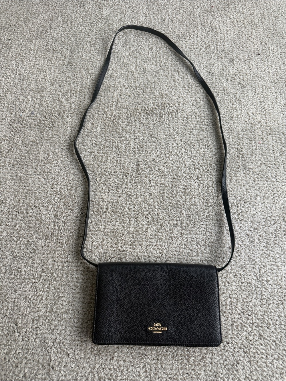 Coach Black Pebbled Leather Crossbody Wallet with Gold Logo